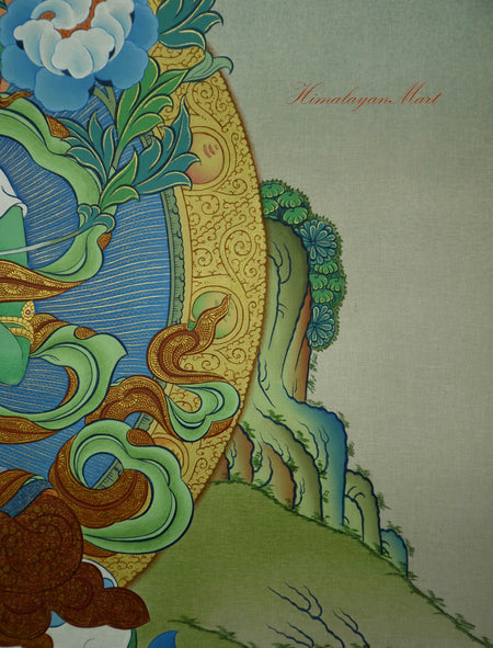 Close-up of Green Tara’s left hand holding Utpala lotus with three symbolic blossoms.