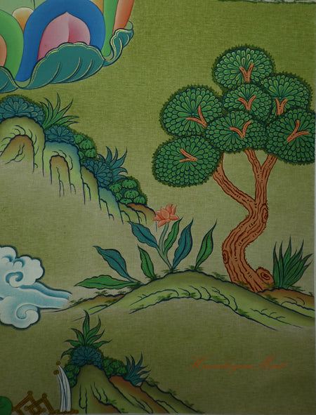 Lower left section of the Green Tara Thangka showing offerings and landscape details.