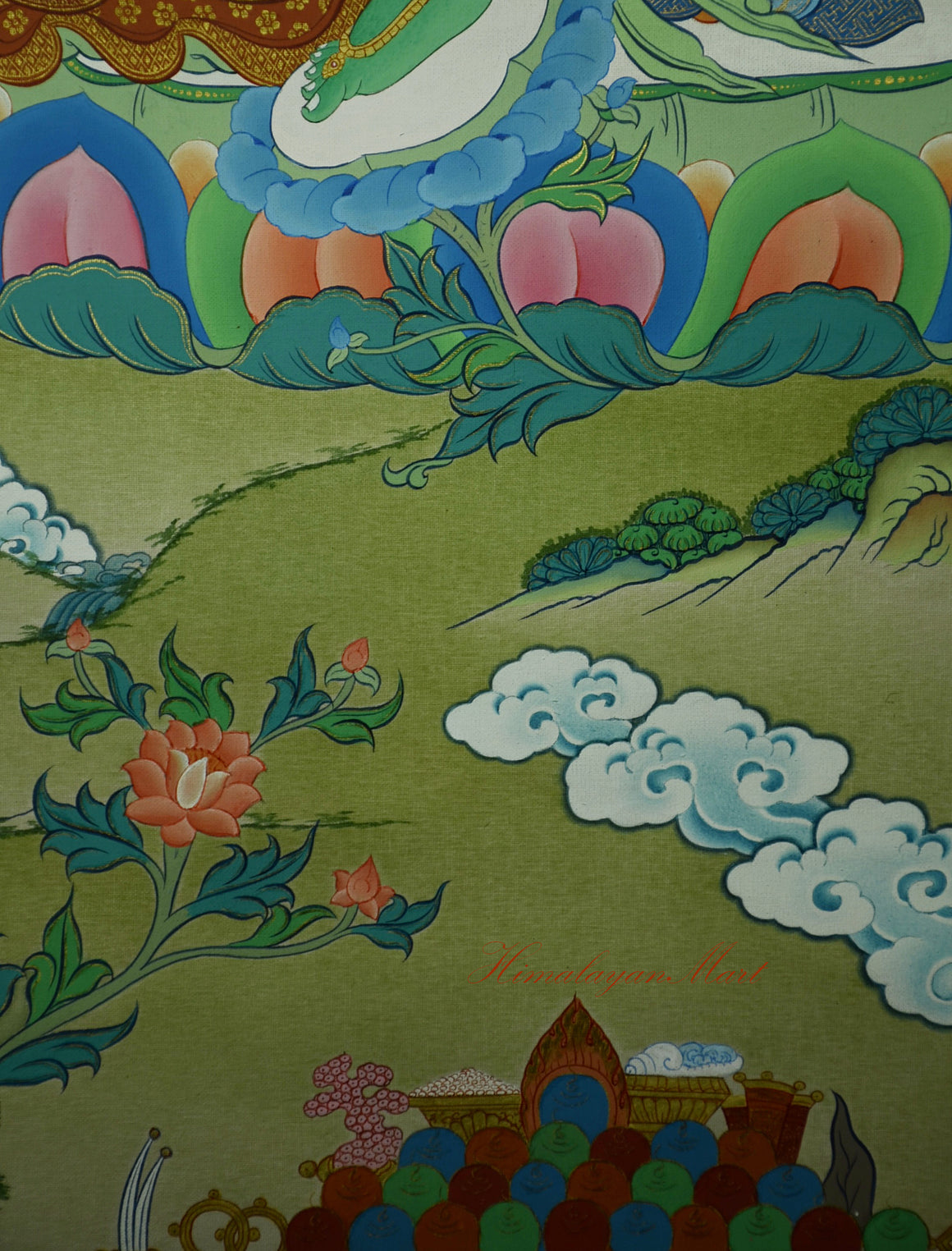Lotus base detail of Green Tara’s throne in the Tibetan Thangka painting.