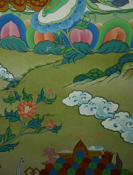 Lotus base detail of Green Tara’s throne in the Tibetan Thangka painting.