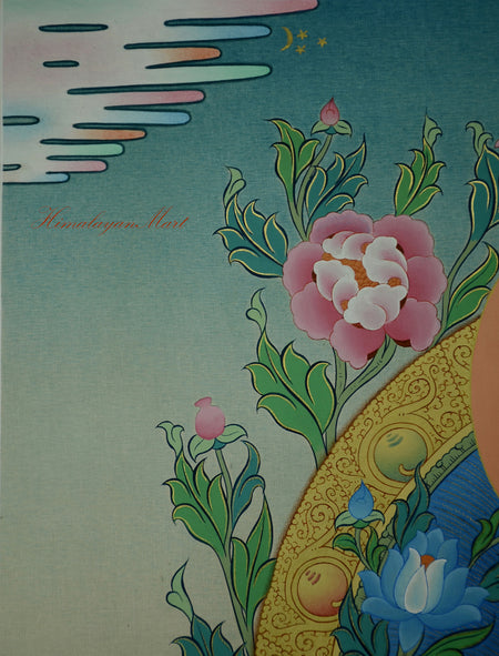 Detail of moon and stars in the background of the Green Tara Thangka.