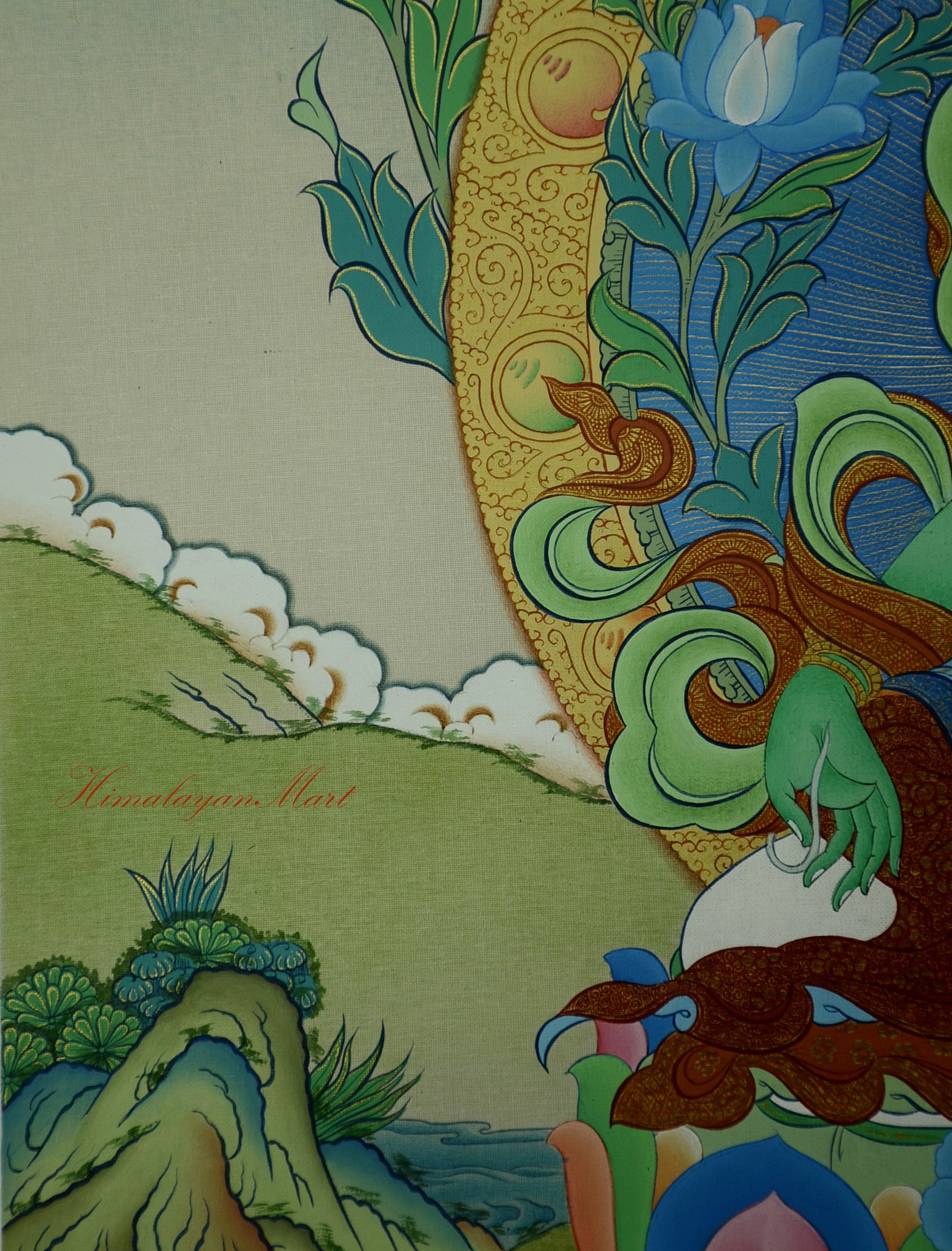 Close-up of Green Tara’s right hand in Varada Mudra holding a blooming blue lotus.