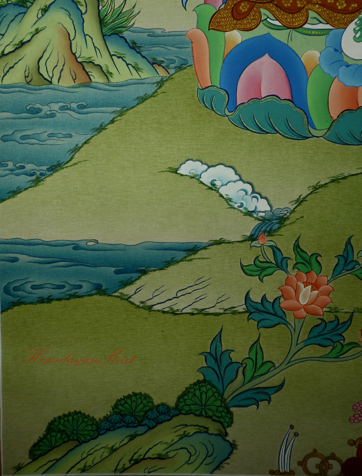 Right lower section of Green Tara Thangka with natural scenery and cloud motifs.