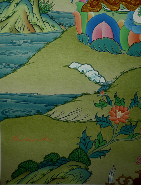 Right lower section of Green Tara Thangka with natural scenery and cloud motifs.