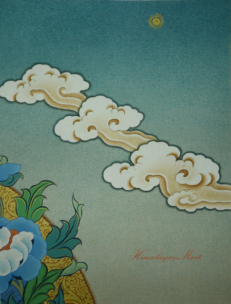 Sun detail in the upper background of the Tibetan Green Tara Thangka.