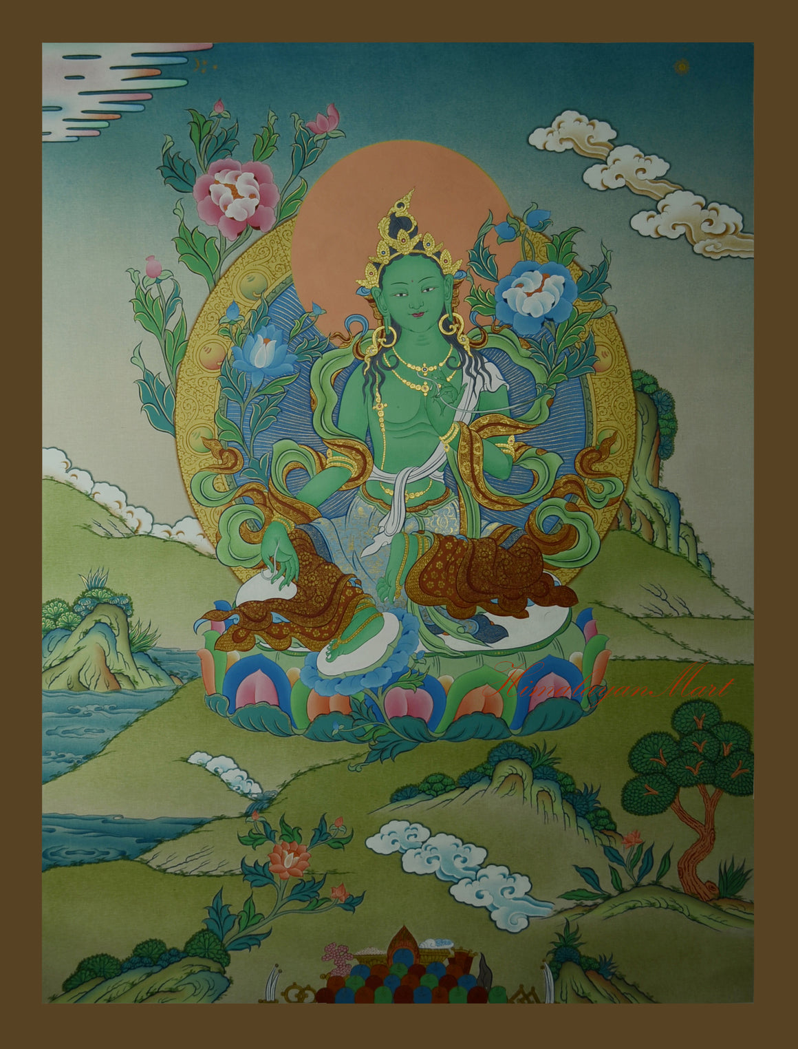 Tibetan Buddhist Thangka of Green Tara, sacred hand-painted artwork on cotton canvas.