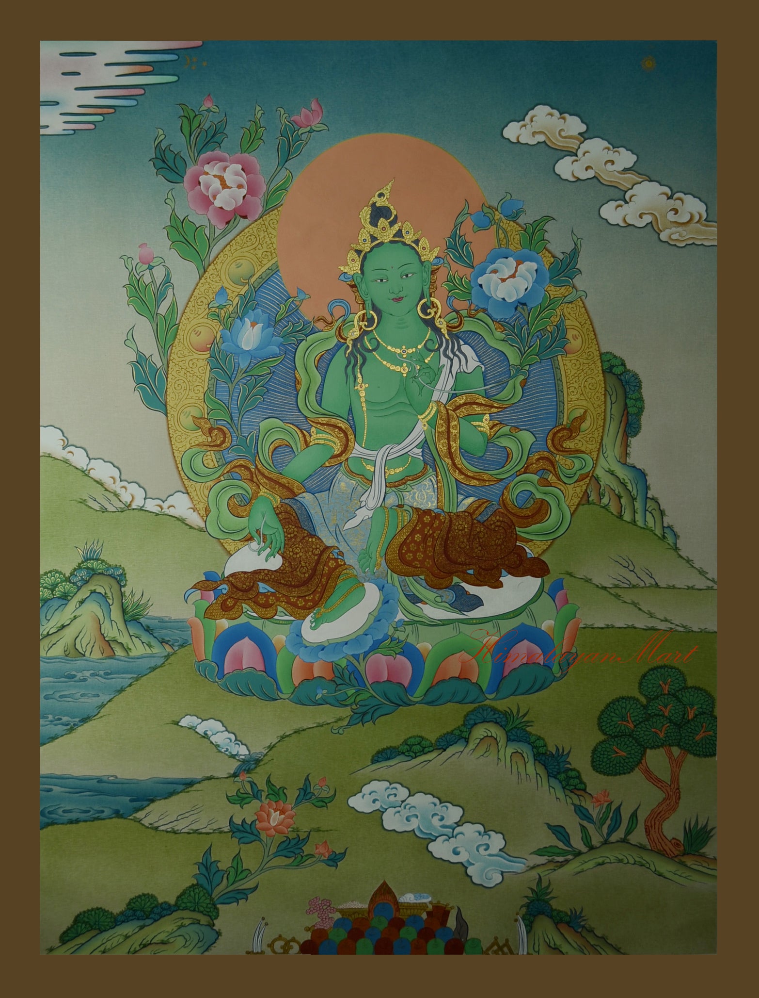 Tibetan Buddhist Thangka of Green Tara, sacred hand-painted artwork on cotton canvas.