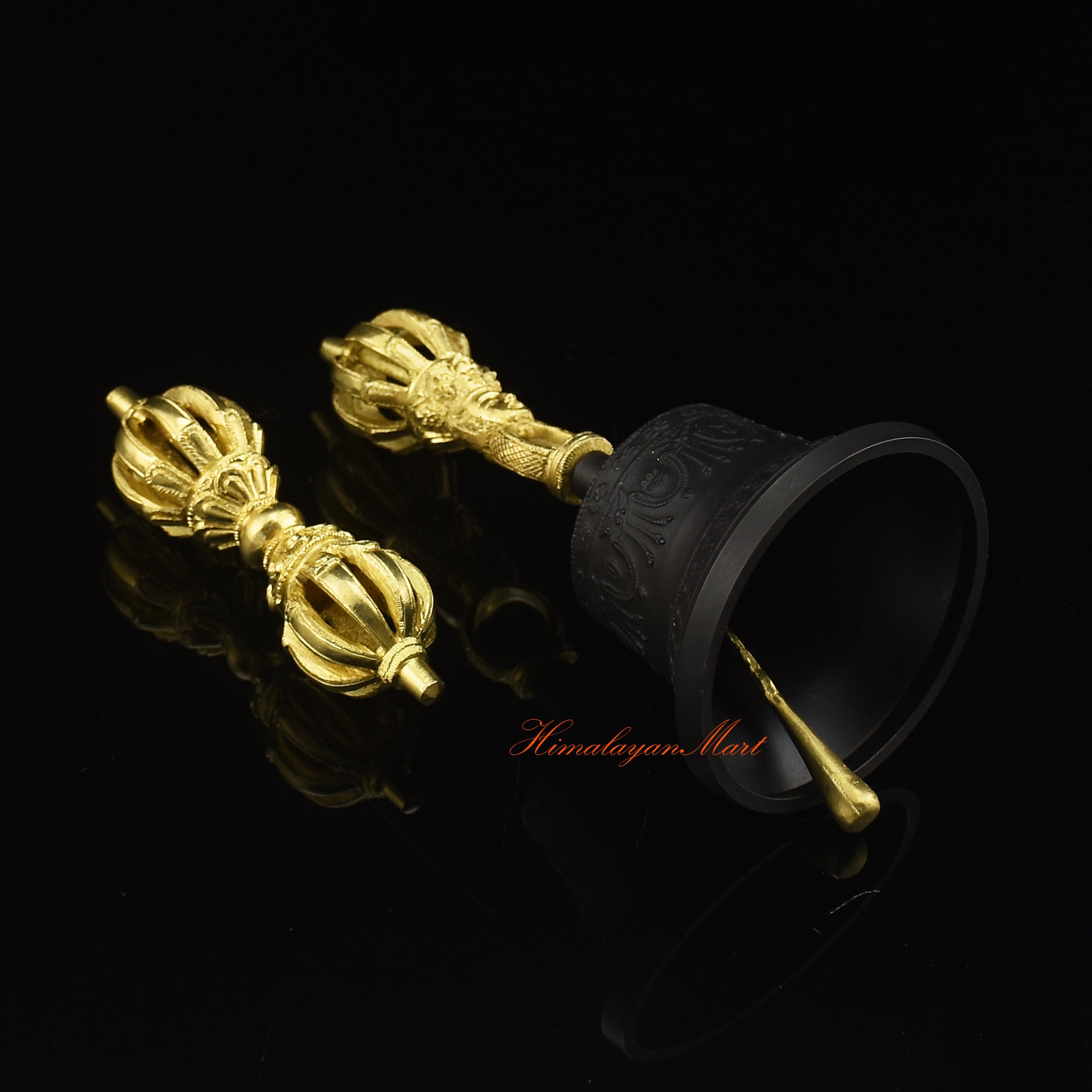 Bottom side view of handcrafted Tibetan Dorje Drilbu Set in five-metal alloy with gold plating