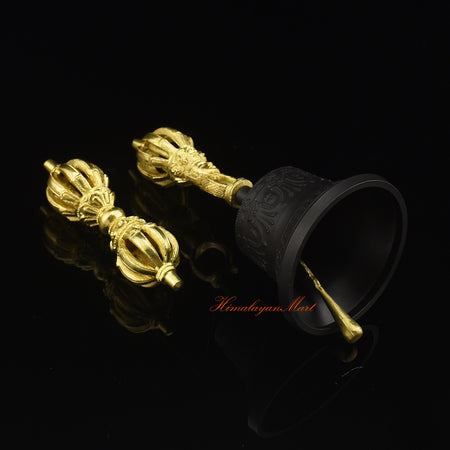 Bottom side view of handcrafted Tibetan Dorje Drilbu Set in five-metal alloy with gold plating