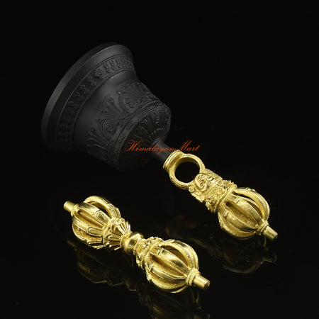 Top side view of gold-plated Tibetan Dorje Drilbu Set crafted from traditional Panchadhatu alloy