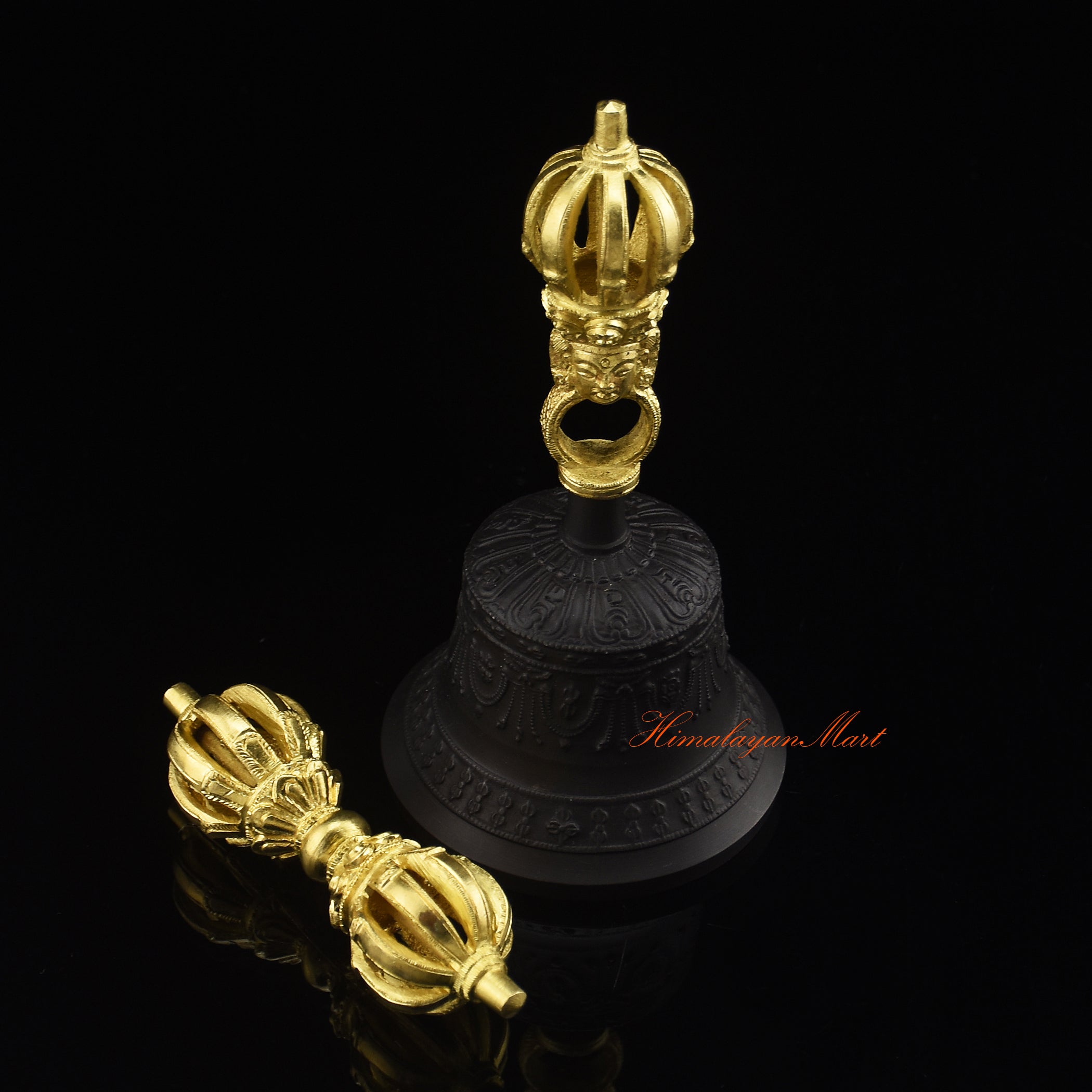 Side view of Tibetan Dorje Drilbu Set showing gold-plated Bell and Vajra in five-metal alloy