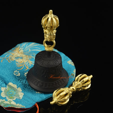 Tibetan Dorje Drilbu Set in gold-plated Panchadhatu five-metal alloy, handmade in Patan, Nepal