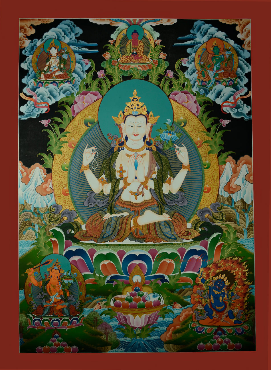 Tibetan Four-Armed Chenrezig Thangka - Hand-Painted Avalokiteshvara for Compassion