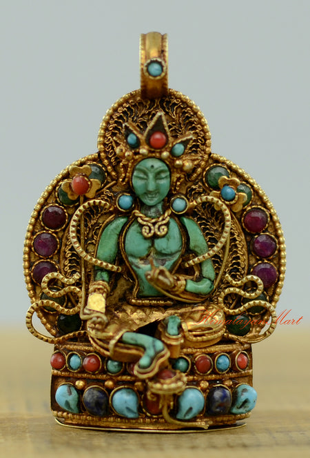 Tibetan Green Tara Locket with gold-plated silver, siko filigree, and turquoise, coral, emerald, and lapis gemstones.