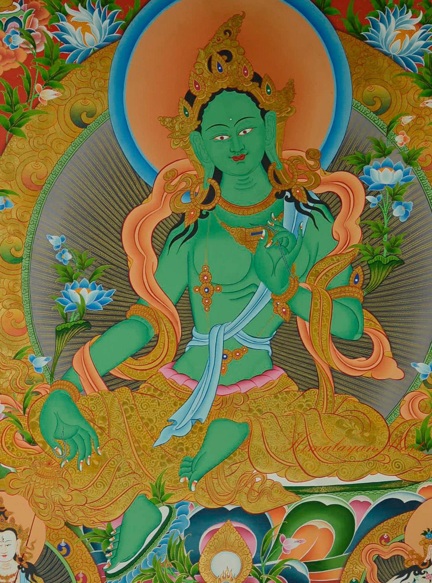 Close-up detail of the Tibetan Green Tara Thangka showing fine brushwork and gold highlights.