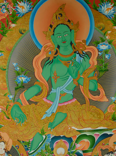 Close-up detail of the Tibetan Green Tara Thangka showing fine brushwork and gold highlights.