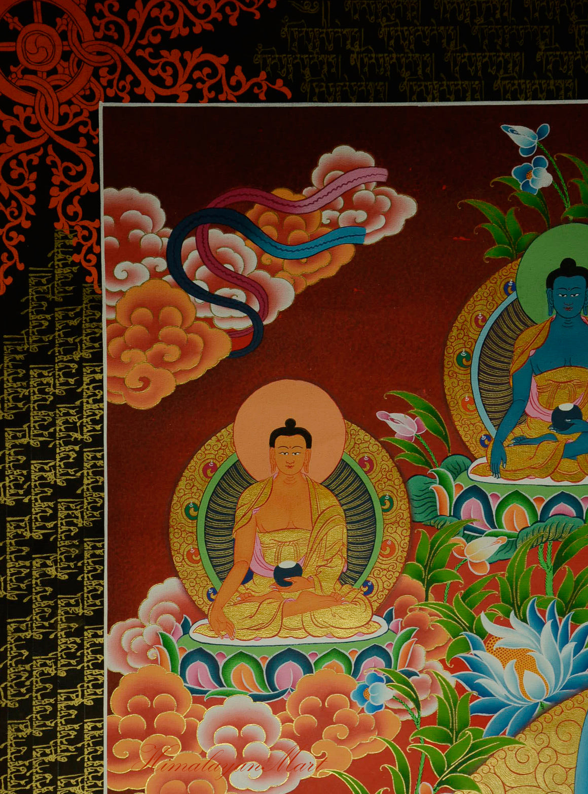 Left Dhyani Buddha depicted above Green Tara in the traditional Tibetan Thangka painting.
