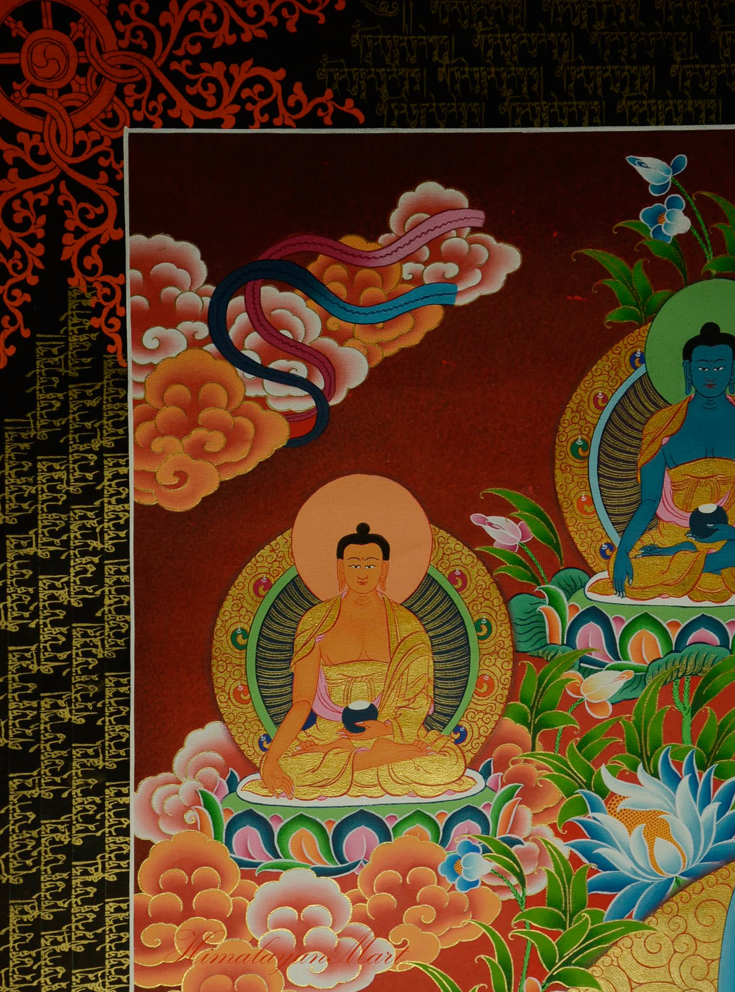 Left Dhyani Buddha depicted above Green Tara in the traditional Tibetan Thangka painting.