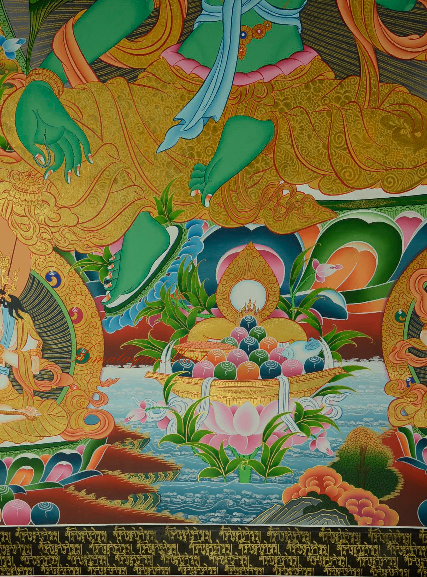 Lotus base beneath Green Tara, symbolizing purity and spiritual awakening in Tibetan art.