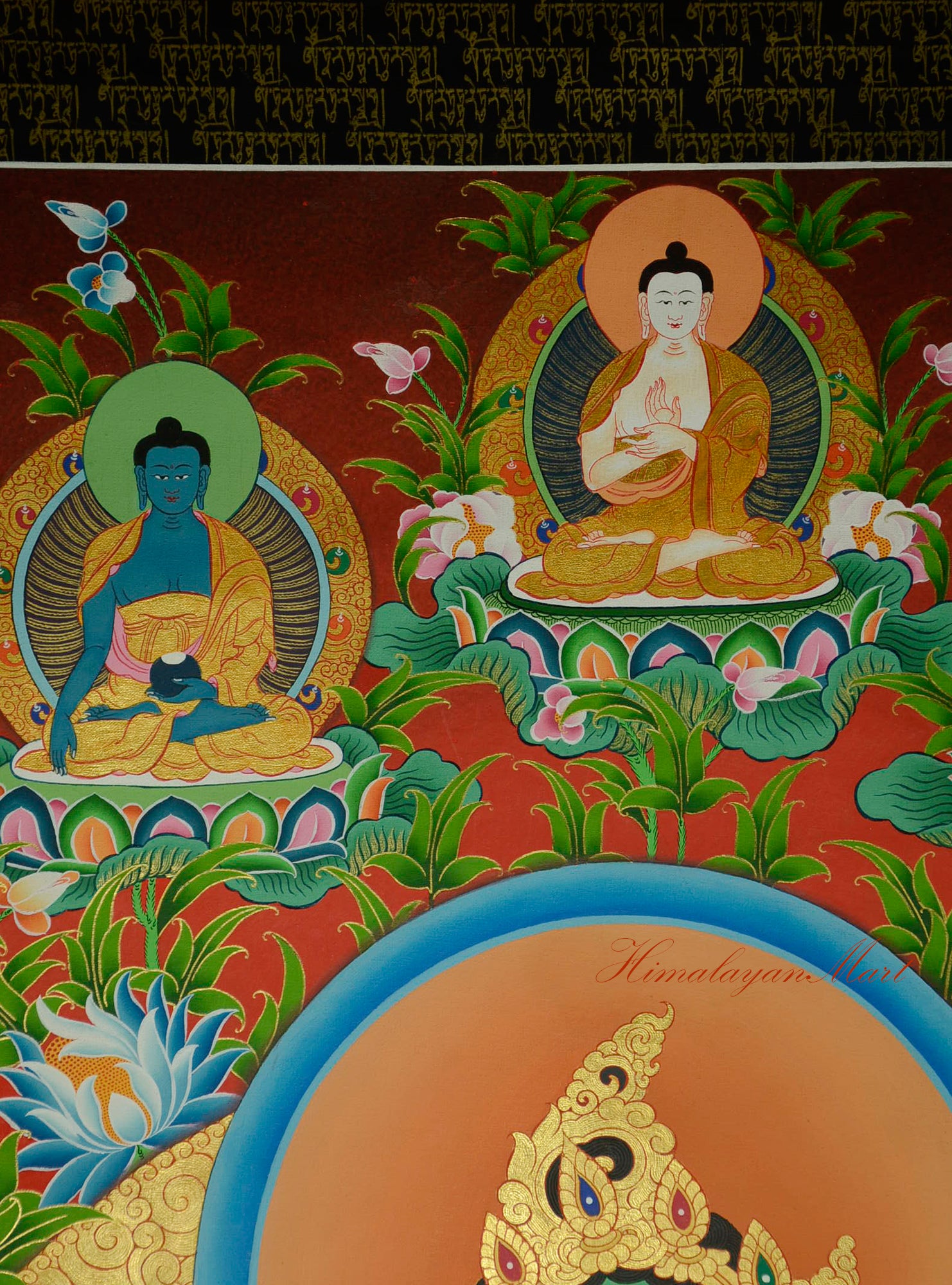 Central Dhyani Buddha shown above Green Tara in the hand-painted Tibetan Thangka.
