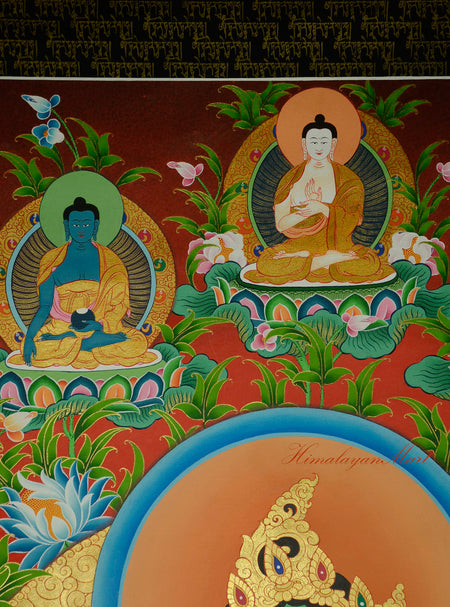 Central Dhyani Buddha shown above Green Tara in the hand-painted Tibetan Thangka.