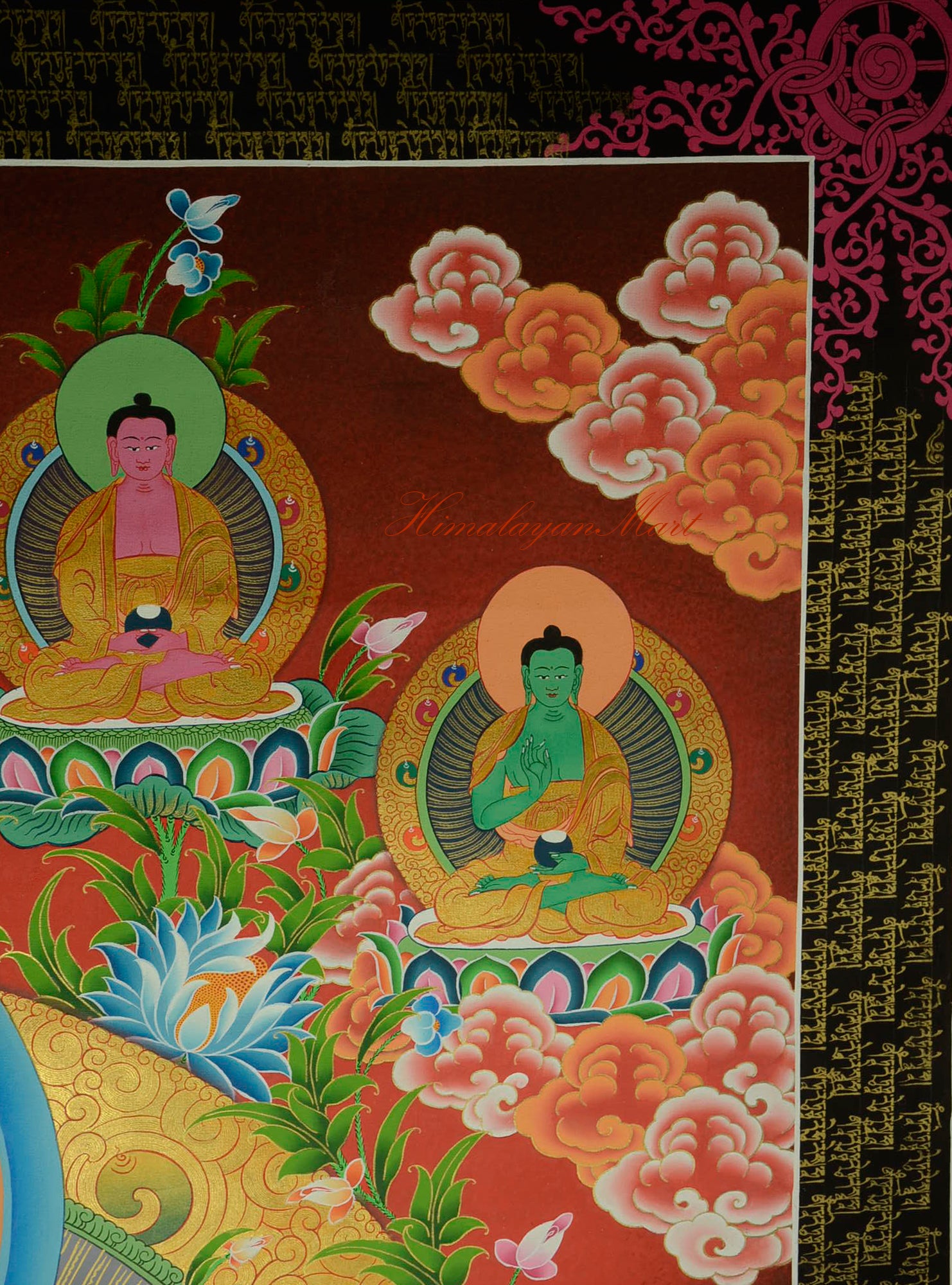 Right-side Dhyani Buddha detail from the upper section of the Tibetan Green Tara Thangka.