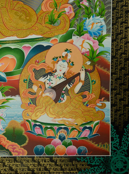 Saraswati depicted in the lower left of the Green Tara Thangka, symbolizing wisdom and creativity.