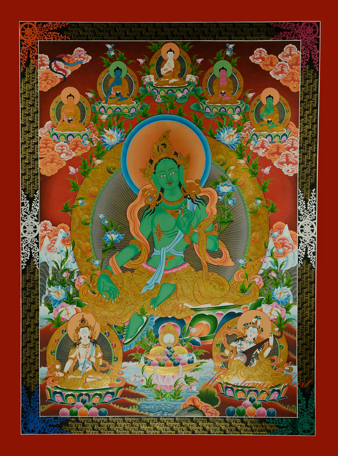 ibetan Green Tara Thangka hand-painted in traditional style with vibrant colors and 24K gold.