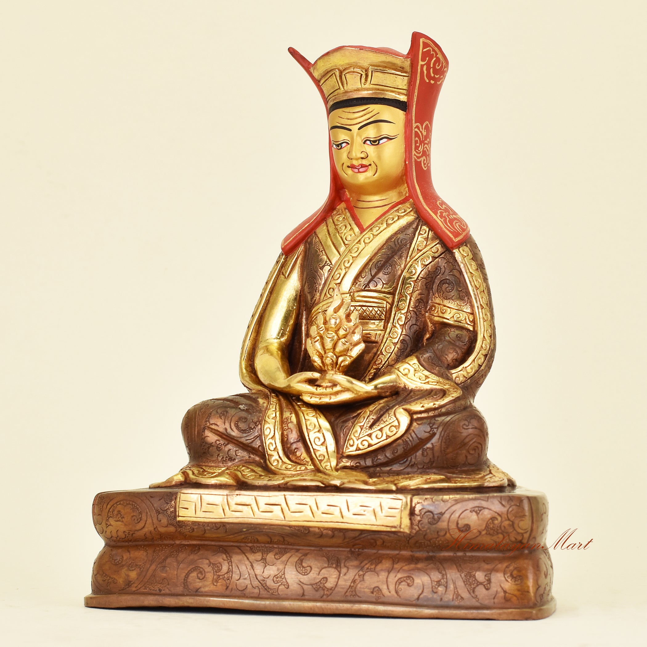 Left side view of Tibetan Guru Gampopa Statue, Kagyu lineage Buddhist master and teacher