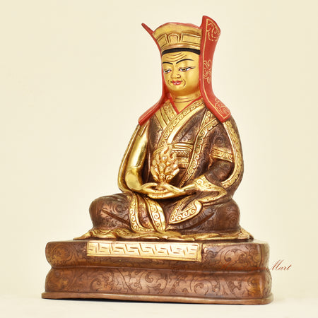 Left side view of Tibetan Guru Gampopa Statue, Kagyu lineage Buddhist master and teacher