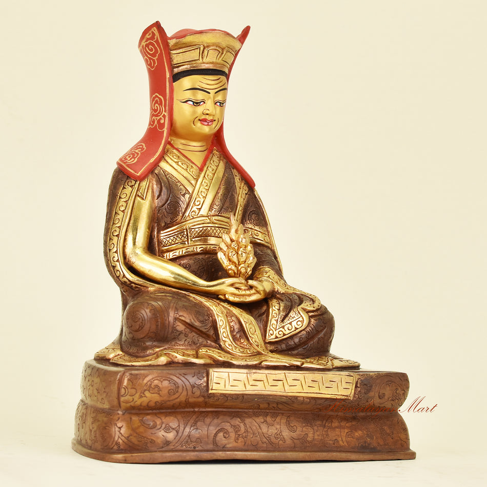 Right side view of Tibetan Guru Gampopa Statue, revered Kagyu lineage Buddhist teacher