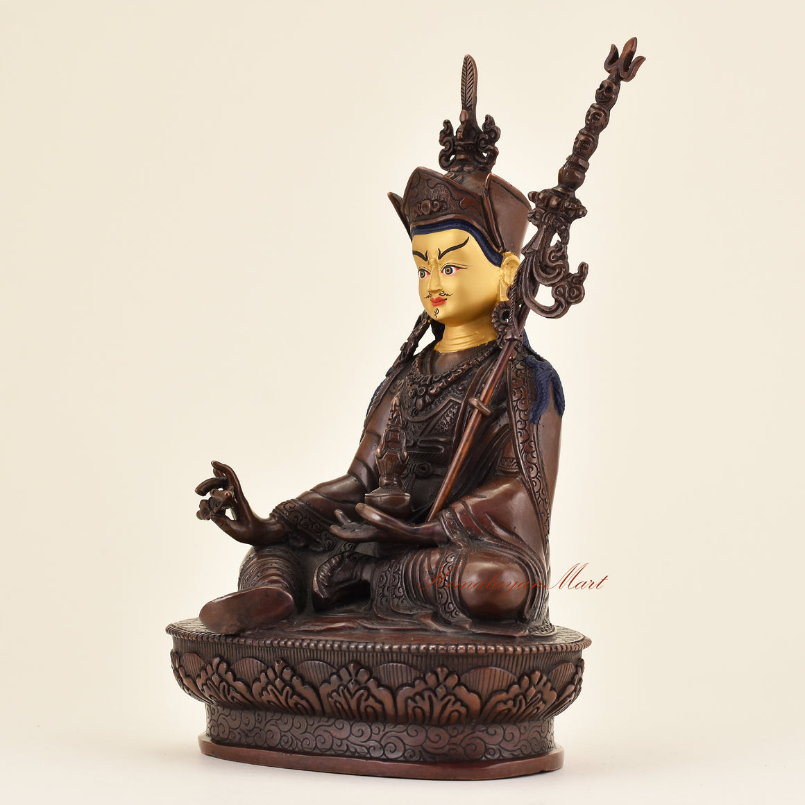 Left-side view of Tibetan Guru Padmasambhava statue crafted using traditional Himalayan lost wax technique