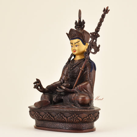 Left-side view of Tibetan Guru Padmasambhava statue crafted using traditional Himalayan lost wax technique