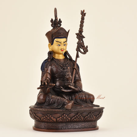 Right-side view of Tibetan Guru Padmasambhava statue in traditional Himalayan lost wax art craftsmanship
