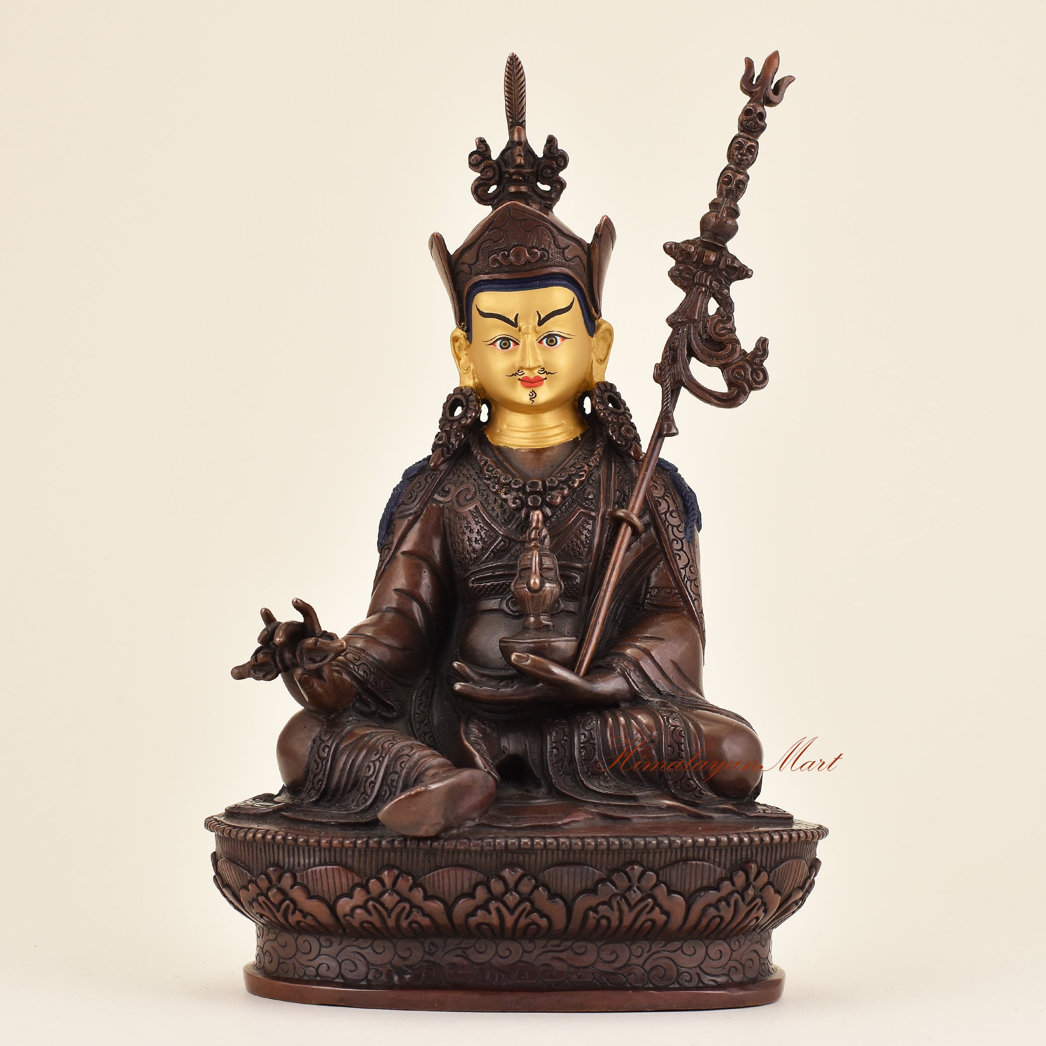 Tibetan Guru Padmasambhava statue handcrafted in traditional Himalayan lost wax art, detailed sacred Buddhist sculpture