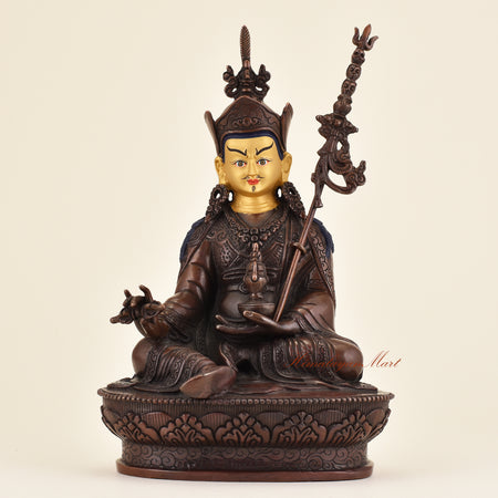 Tibetan Guru Padmasambhava statue handcrafted in traditional Himalayan lost wax art, detailed sacred Buddhist sculpture