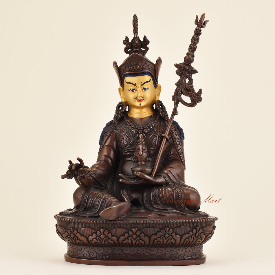 Tibetan Guru Padmasambhava statue handcrafted in traditional Himalayan lost wax art, detailed sacred Buddhist sculpture
