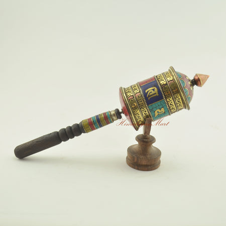 Tibetan Handheld Prayer Wheel shown from the right angle – used for Buddhist prayer and meditation practice