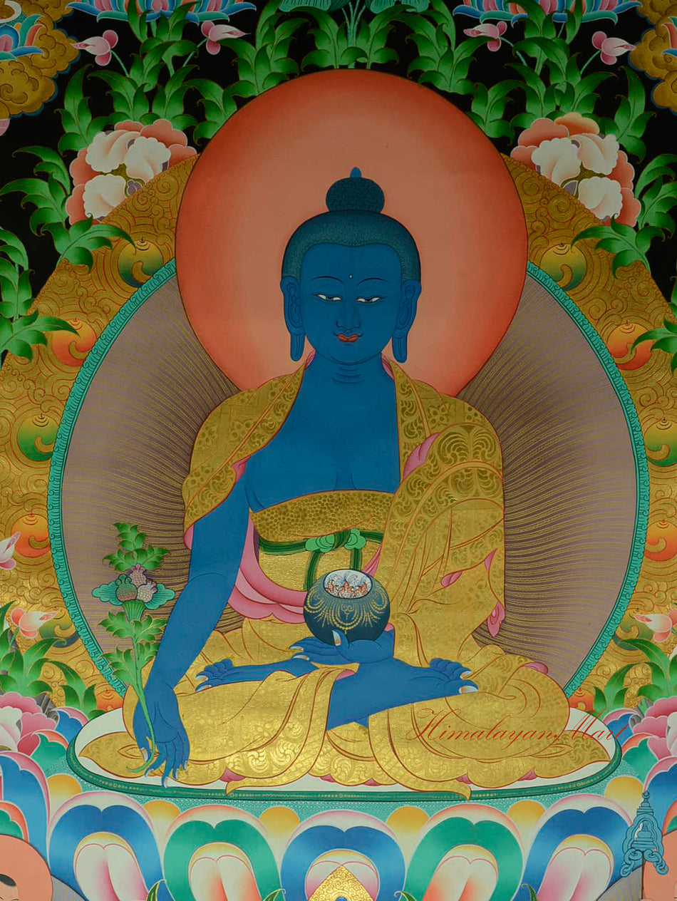 Intricate close-up of the Tibetan Medicine Buddha Thangka showing sacred iconography and rich gold detailing.