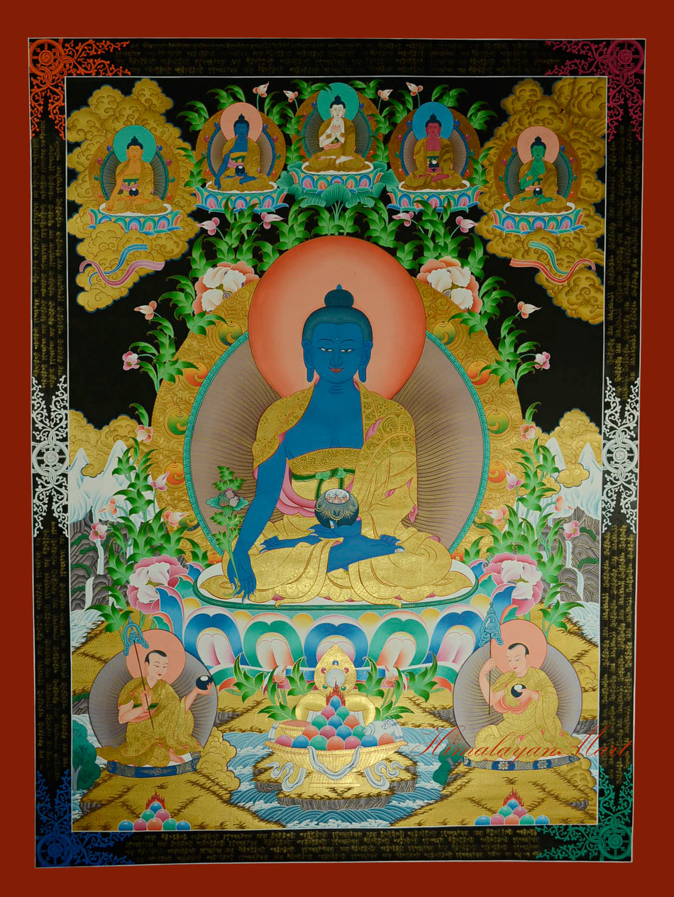 Hand-painted Tibetan Medicine Buddha Thangka featuring Bhaisajyaguru seated on a lotus throne with sacred symbols.