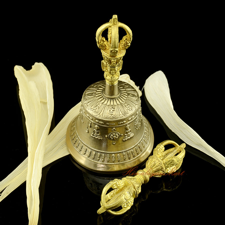 Handmade Tibetan Meditation Vajra Bell with black bell body and yellow Vajra handle, hand-engraved copper and bronze alloy, crafted in Patan, Nepal