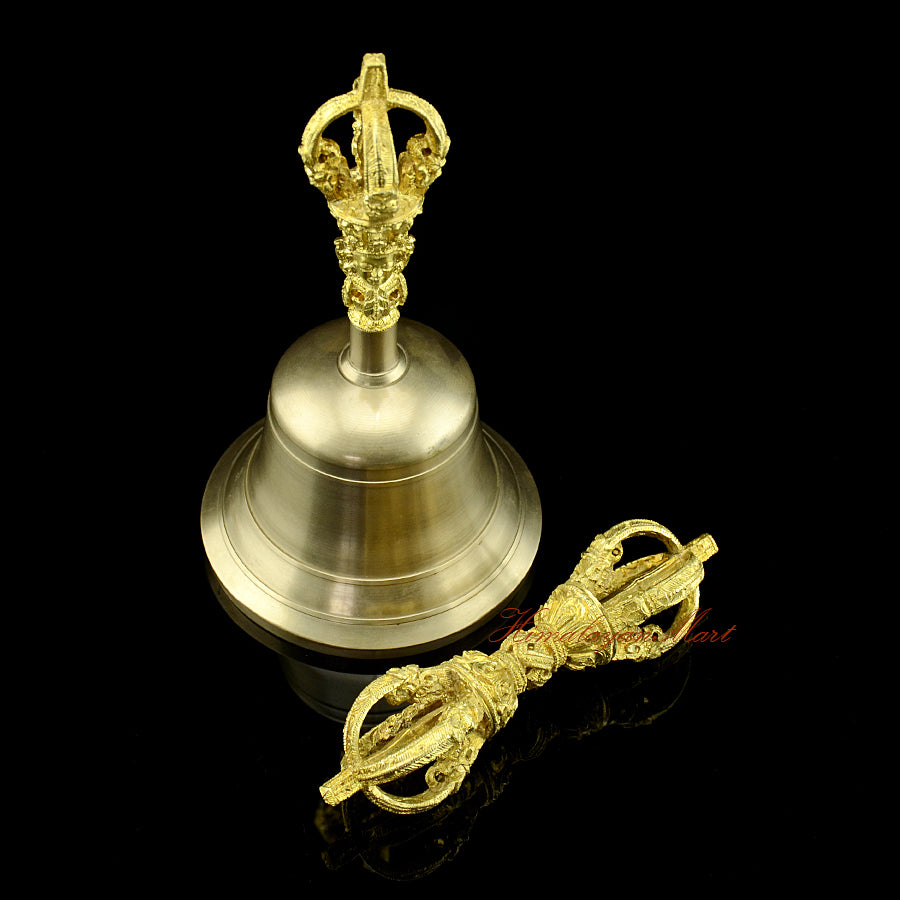 Side profile of Tibetan Buddhist Dorje and Drilbu set showing the five-pronged Vajra form and bell proportions