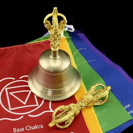 Handmade Tibetan Ritual Bell Vajra with black bell body and yellow Vajra handle, hand-engraved copper and bronze alloy, crafted in Patan, Nepal
