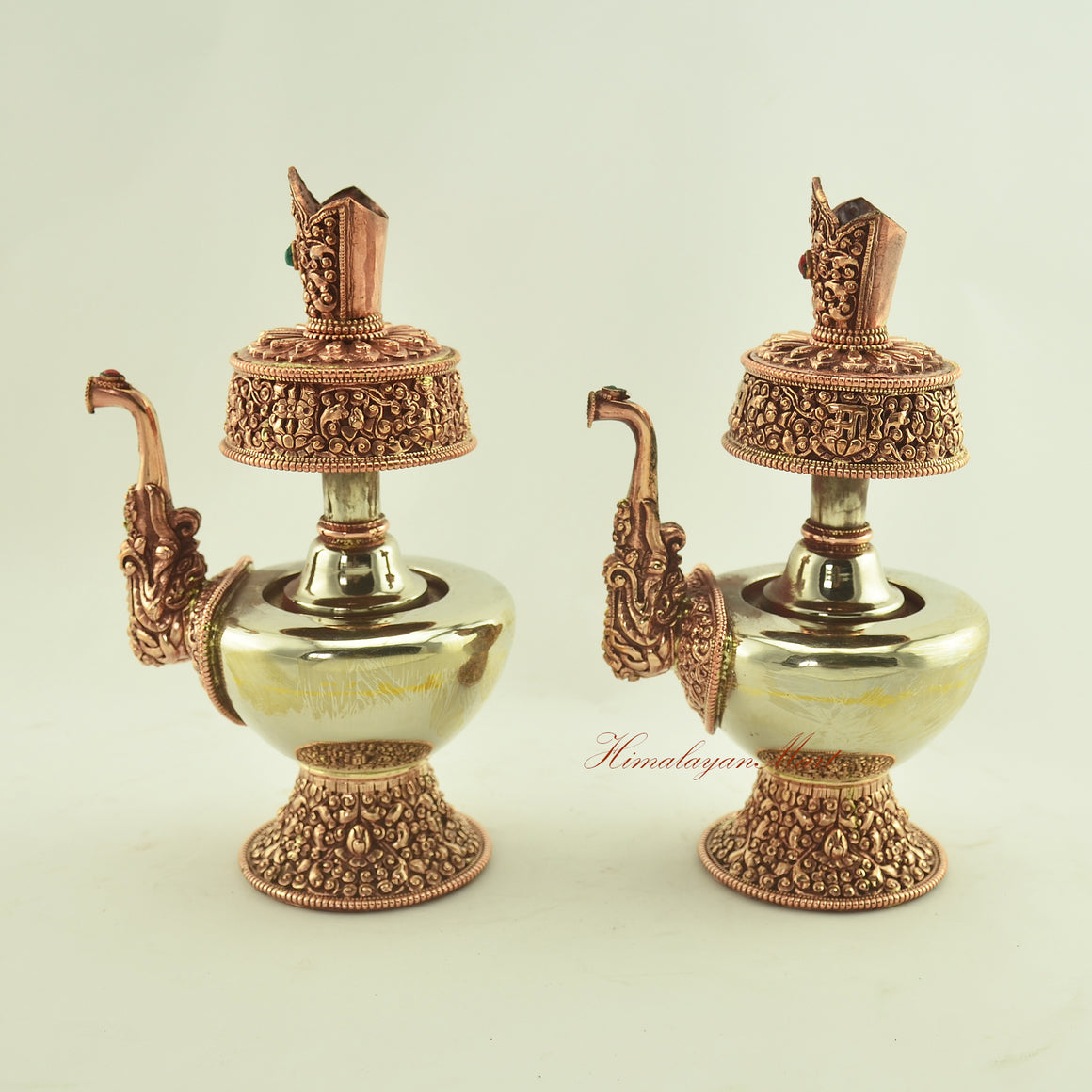 Left-side view of the Tibetan Ritual Bhumba Set with inlaid coral and turquoise, emphasizing traditional Nepalese metalwork.