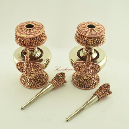 Detailed view of the Tibetan Ritual Bhumba Set components, including separate vases and decorative semi-precious stone inlays.