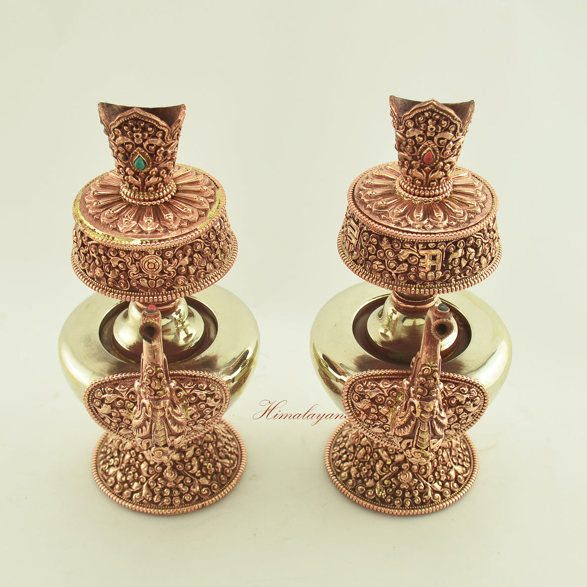 Top view of the Tibetan Ritual Bhumba Set showing the open vase mouth and intricate hand-carved designs around the rim.
