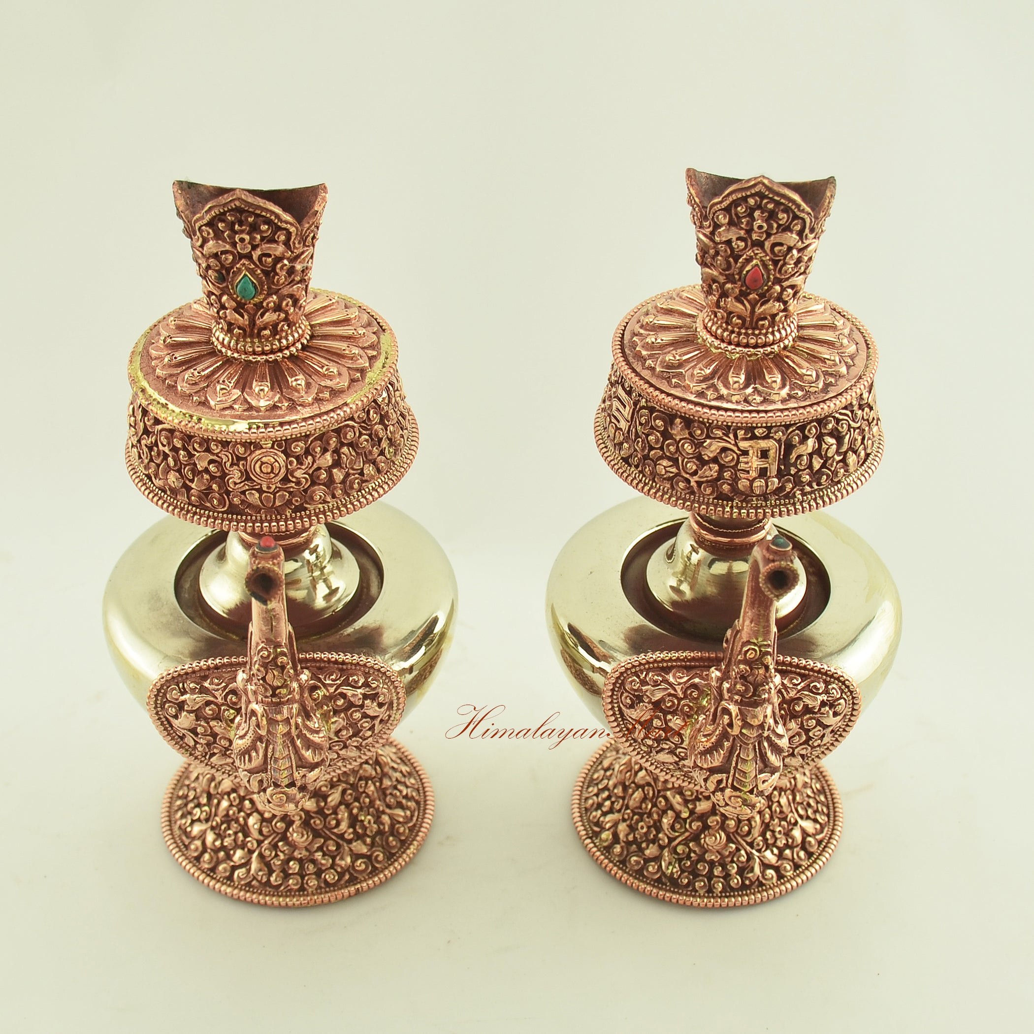 Top view of the Tibetan Ritual Bhumba Set showing the open vase mouth and intricate hand-carved designs around the rim.