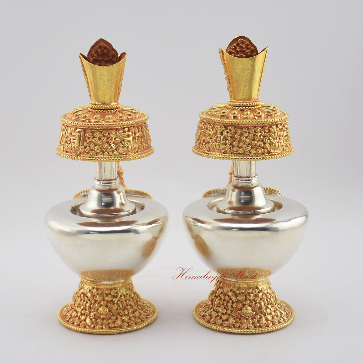 Back view of Tibetan Ritual Bumpa Vase showing intricate hand-carved Buddhist symbols