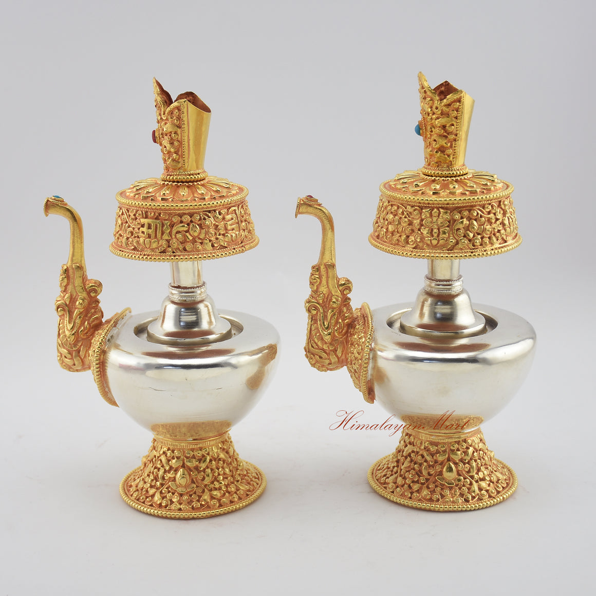 Left side view of Tibetan Ritual Bumpa Vase with detailed carvings and gold-silver plating