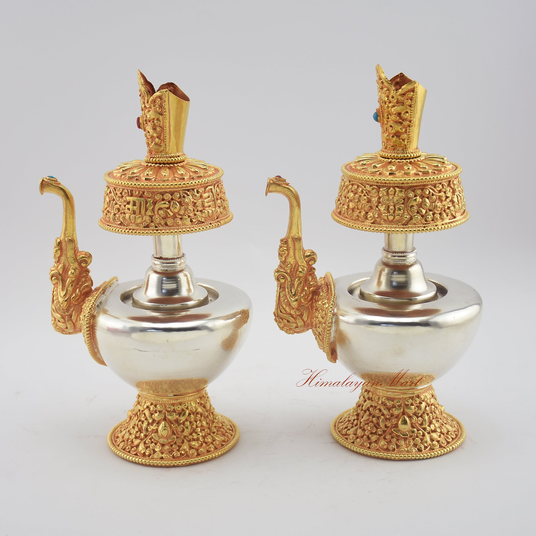 Left side view of Tibetan Ritual Bumpa Vase with detailed carvings and gold-silver plating